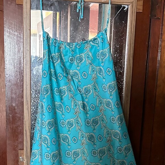 Turquoise print 100% silk halter dress with polyester lining, Size 14. - Picture 1 of 3